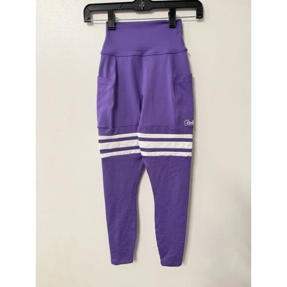 Bombshell Sportswear Purple High Rise Pocket Leggings XS Thigh Stripe Compressio - Picture 2 of 11